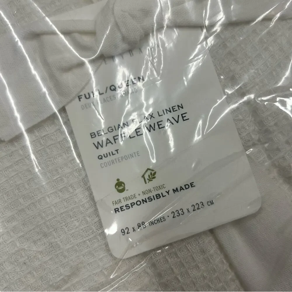 Pottery Barn Belgian Flax Linen Waffle Wave Quilt Full Queen Bedding White NWT